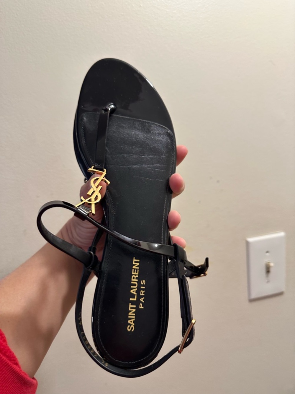 Saint Laurent Black Patent Leather Logo Toe-Ring Sandal with Gold Hardware